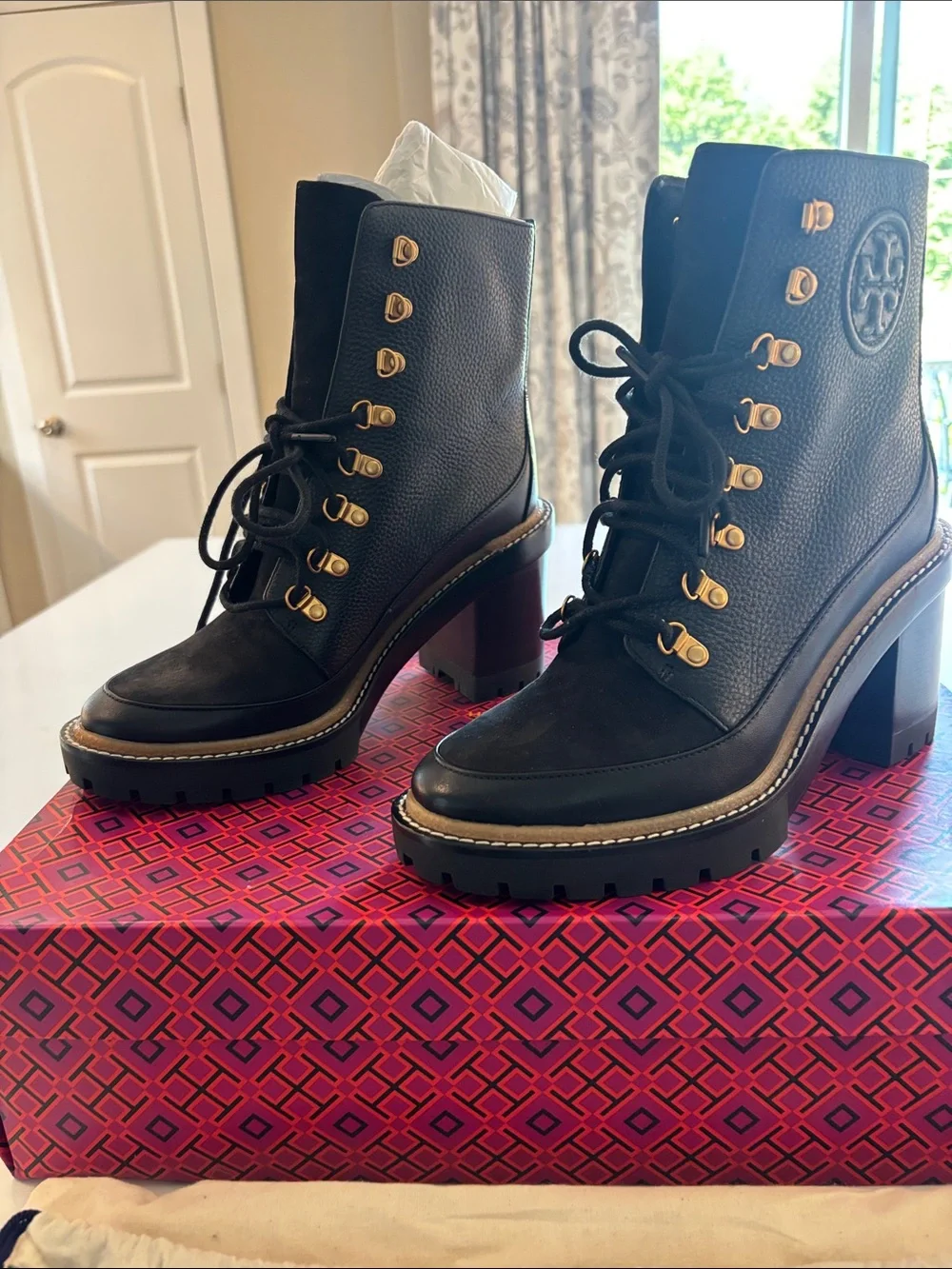 Tory Burch Black Leather Lace-Up Lug Heel Ankle Boots with Gold Hardware